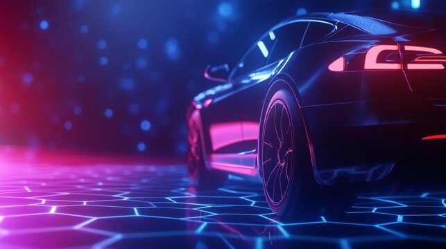 A rear view of a modern, dark-colored electric vehicle parked on a surface resembling a glowing hexagonal grid