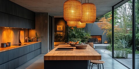 Modern kitchen with wooden island, pendant lights, and garden view.