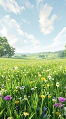 Fototapeta premium Lush green grass and wildflowers growing in a meadow , landscape, meadow, greenery