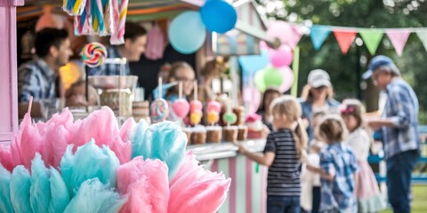 Vibrant display of pink and blue cotton candy clouds on sticks decorated with spiral lollipops, set against a festive party background with bunting and string lights. 