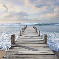 Obraz premium Soft ocean waves gently lapping against a weathered wooden dock, natural, gentle ripples, ocean, serene