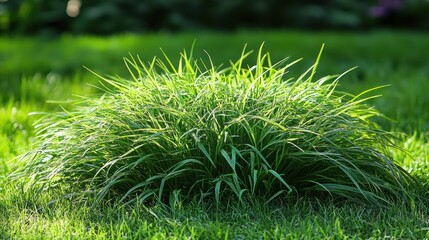 A close-up of a lush green grass clump in a field bathed in sunlight.