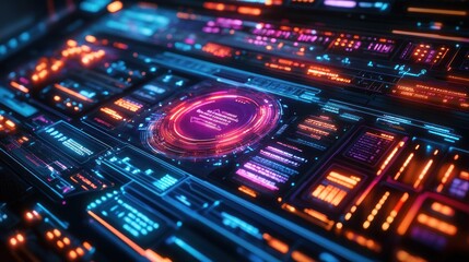 Fototapeta premium A futuristic technology interface with glowing neon lights and digital data.