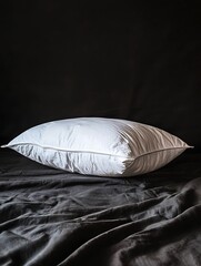 A Single White Pillow Resting on a Dark Gray Fabric Background.