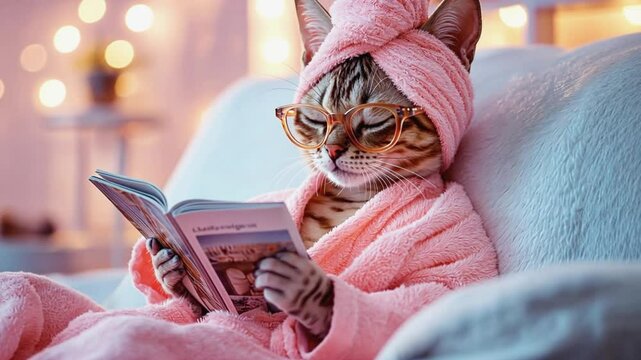 A cat in a pink robe and glasses relaxes with a book in a cozy setting.