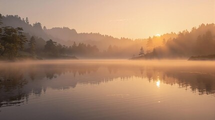Obraz premium Ripples on the surface of a calm lake at dawn, peaceful ambiance, watery reflection