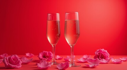 Two champagne glasses with pink roses and petals scattered on a red background. Romantic celebration and Valentine's Day concept