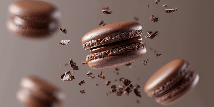 macarons au chocolat avec &eacute;clats autour, en l&eacute;vitation sur un fond marron