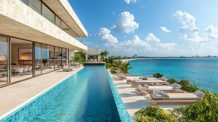 Fototapeta premium Luxury beachfront villa with infinity pool, ocean view.