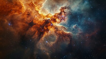 Obraz premium An intricate nebula with intertwining gases and bright nebular formations, in a deep cosmic canvas, Nebulous style
