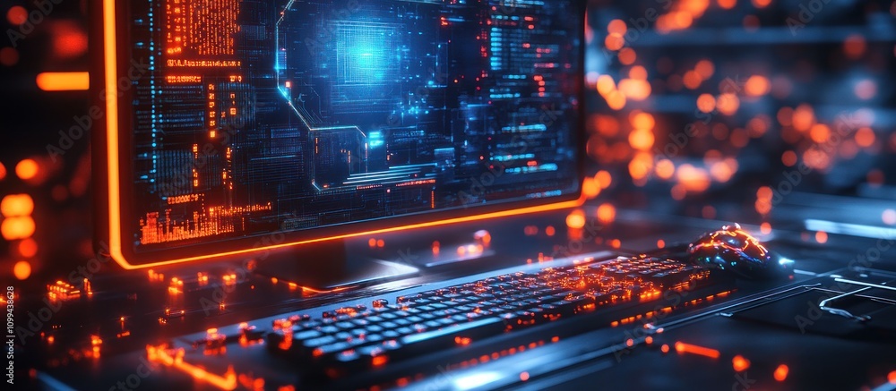 Poster closeup of a computer monitor with a glowing orange and blue screen showing circuit board design, ke