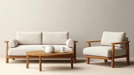 Obraz premium Minimalist Living Space Featuring Cream Upholstered Sofa and Wooden Furniture