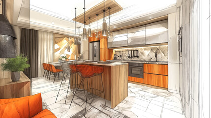 Custom vertical slats for kitchen with your photo Stylish kitchen interior with modern furniture. Combination of watercolor and sketch vector illustration for architecture designs.