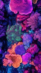 Vibrant coral reef with various colors and textures.