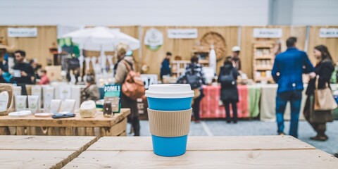 A colorful reusable cup with a rainbow sleeve stands in focus at a bustling artisan market. The blurred background shows stalls with handmade goods and people browsing.