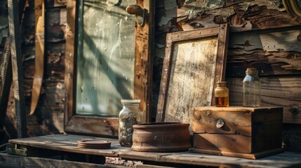 Obraz premium Rustic still life of vintage objects with sunlight