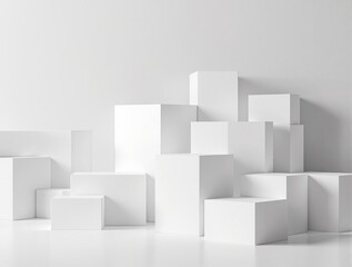 Obraz premium Randomly arranged white cube blocks form a visually appealing composition against a neutral-colored wall, abstract shapes, geometric patterns