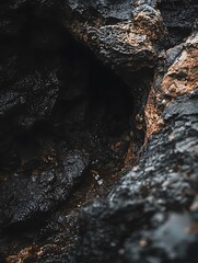 Abstract Close-Up of Dark, Textured Rocks with a Small Cave Opening.