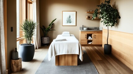 Fototapeta premium A minimalist spa room with a massage table, potted plants, wooden cabinets, and a soothing atmosphere featuring natural light and decor.
