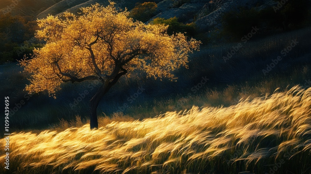 Poster a single tree stands tall in a field of tall grass, bathed in the warm glow of the setting sun.