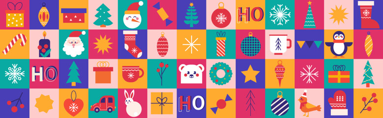 Merry Christmas and Happy New Year icons geometric modern background. Holiday season, contemporary abstract elements. Modern design for banner, poster, card, wallpaper