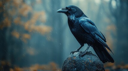 Naklejka premium Raven Perched on Tree Branch in Mysterious Forest Atmosphere