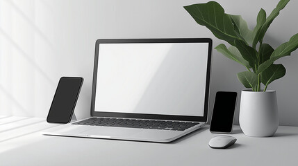 Fototapeta premium Stylish Workspace Setup with Blank Screen Laptop and Refreshing Green Plant