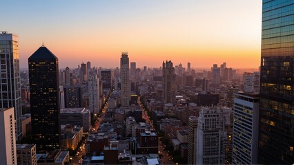 Fototapeta premium Generative AI, Modern Metropolis at Sunset with Reflective Skyscrapers