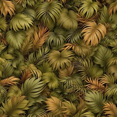 Obraz premium Severe seamless background of tropical leaves in shades of olive and terracotta , earthy tones, botanical prints, leafy greens, garden decor, foliage