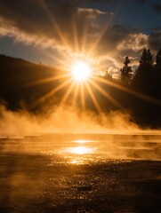 Majestic Sunset over a Geothermal Landscape with Sun Rays and Steam.