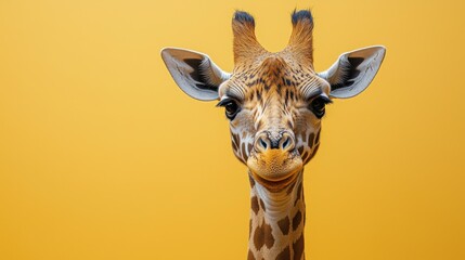 Obraz premium Curious Giraffe Face with Long Neck Closeup in Yellow Background
