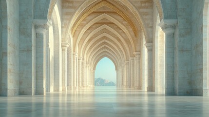 Obraz premium Digital illustration of a serene church interior showcasing grand arches and tranquil light at dusk
