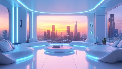 Futuristic Living Room with a Cityscape View