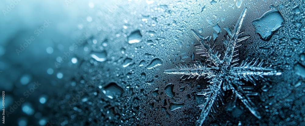 Poster chilly, frosty blue patterns on the window. a detailed close-up for christmas and new year backgroun