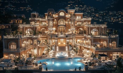 Fototapeta premium Grand illuminated mansion, pool, hillside view.