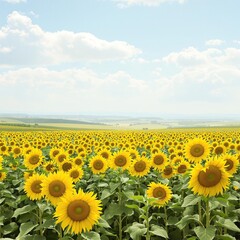 Fototapeta premium Field of tall sunflowers against a backdrop of rolling hills and soft blue sky, watercolor, field, natural scenery, botanical, landscape
