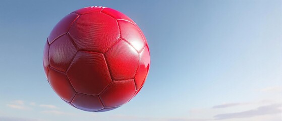 Fototapeta premium Large red football or soccer ball in mid-air during a game, blurred background, exciting moment.