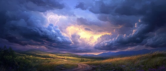 Fototapeta premium Dramatic sky over a serene landscape at twilight.