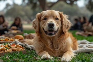 Obraz premium Golden Retriever at a picnic, lying on blanket in a park.