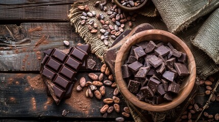 Dark chocolate pieces and cocoa beans on rustic table