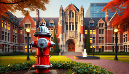 A vibrant red fire hydrant stands prominently in front of a historic college building. The scene depicts a classic educational institution setting with arched windows and a fire truck nearby.