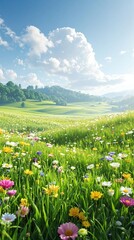 Fototapeta premium Lush green grass and wildflowers growing in a meadow , nature, lush green grass, meadow, foliage
