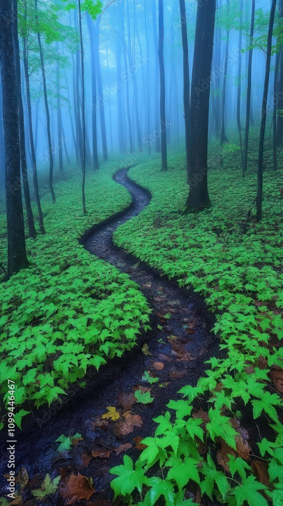 Poster a winding path through a misty forest with tall trees and lush greenery.