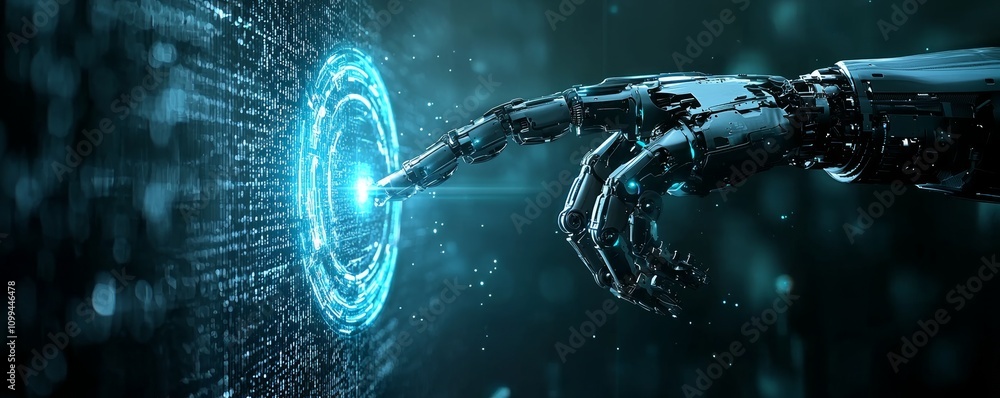 Poster At an advanced manufacturing facility, a female industrial engineer uses real-time monitoring software to control automation robot arms.
