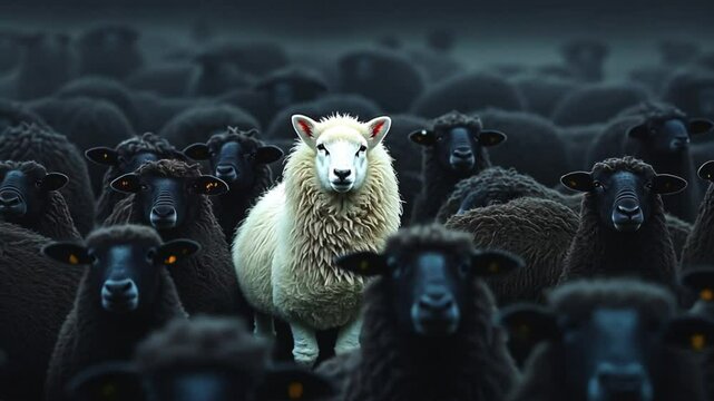 One white sheep stands out amongst a crowd of black sheep.