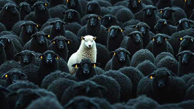 A single white sheep stands out in a crowd of black sheep.