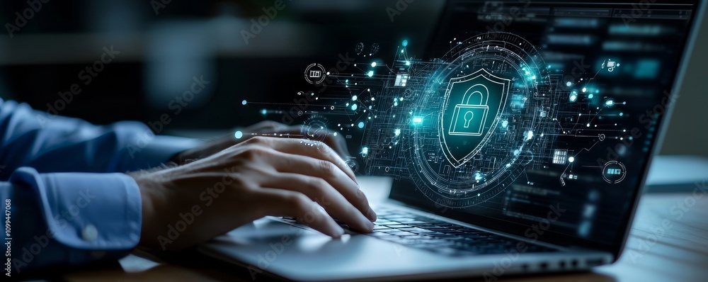 Poster A professional working on a smartphone and laptop, dealing with firewall security, data encryption, and ensuring safe access to personal information online.