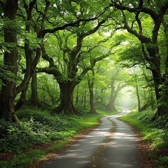 Fototapeta premium Lush green forest floor surrounded by towering trees along a winding road, floor, foliage, forest, trees