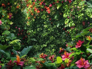 Lush tropical green leaves with vines and flowers, outdoor, jungle, vegetation