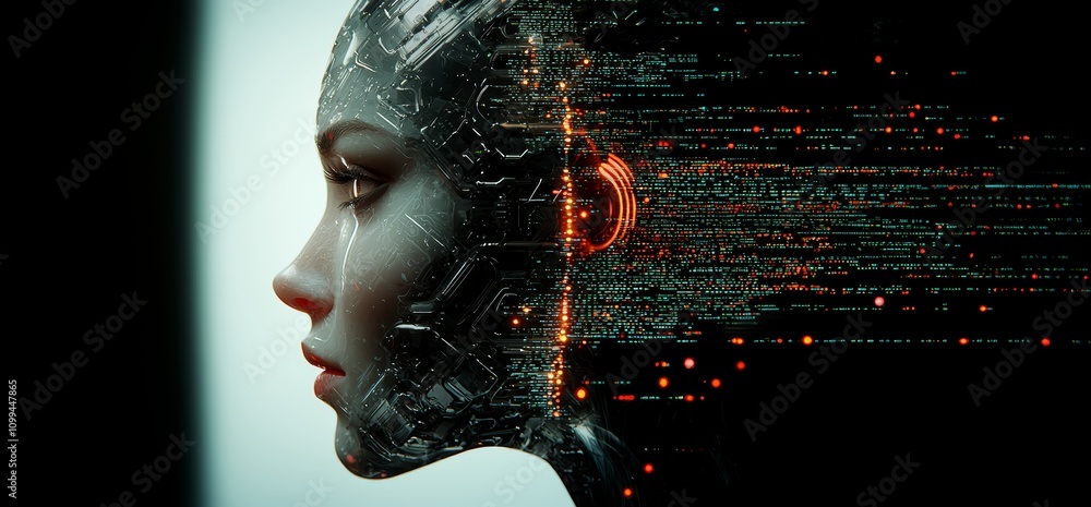 Poster a dual exposure of a businesswoman and the big data concept, depicting a digital neural network, sto